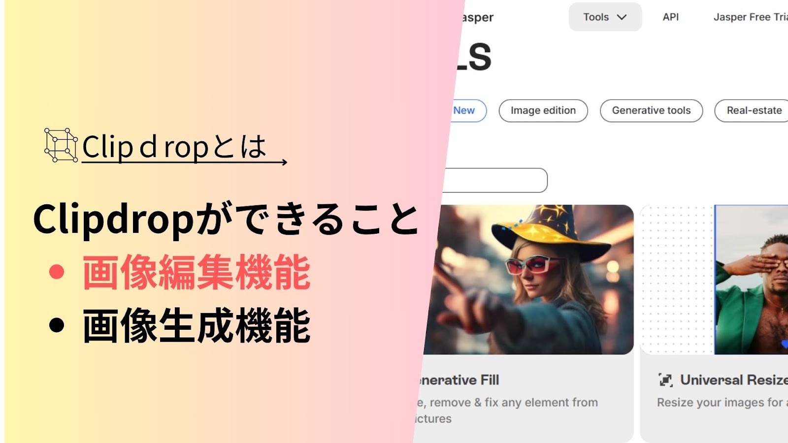 「Clipdropができること」の下に赤字の「画像編集機能」と黒字の「画像生成機能」が並び、右にツール一覧画面が見える見出し画像