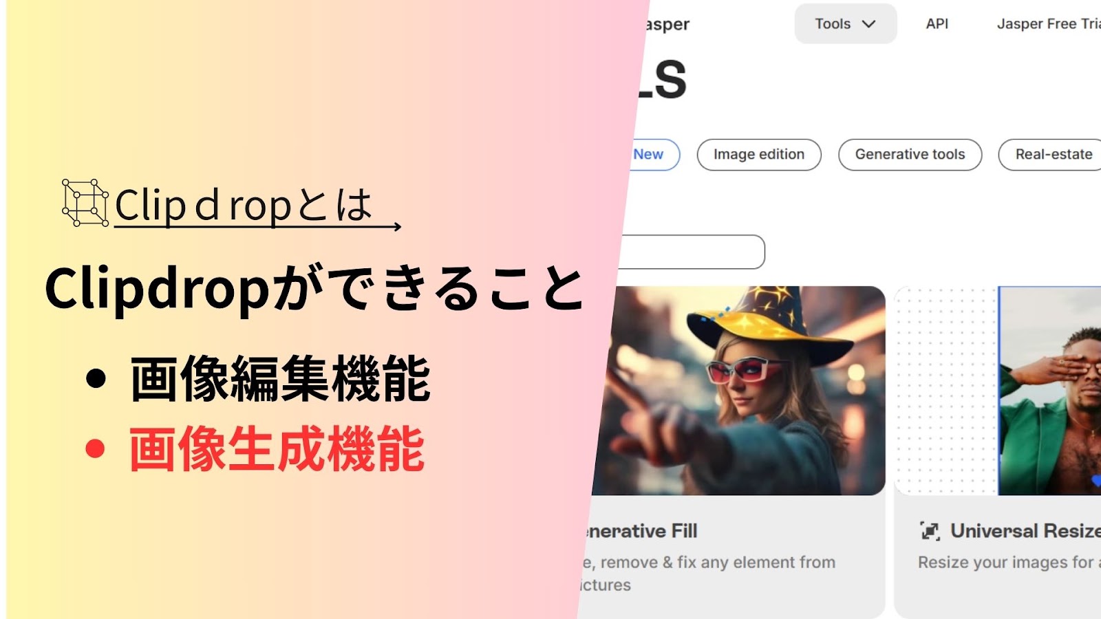 「Clipdropができること」の下に黒字の「画像編集機能」と赤字の「画像生成機能」が並び、右にツール一覧画面が見える見出し画像