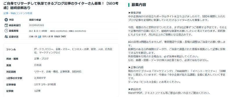 ココナラの「ブログ記事のライターさん募集」のページで、応募状況と条件の表の右に募集内容の文章が並んだ画面