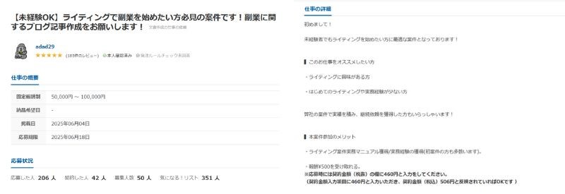 クラウドワークスの「【未経験OK】ライティングで副業を始めたい方」向けの案件ページで、仕事の概要と応募状況が並んだ画面