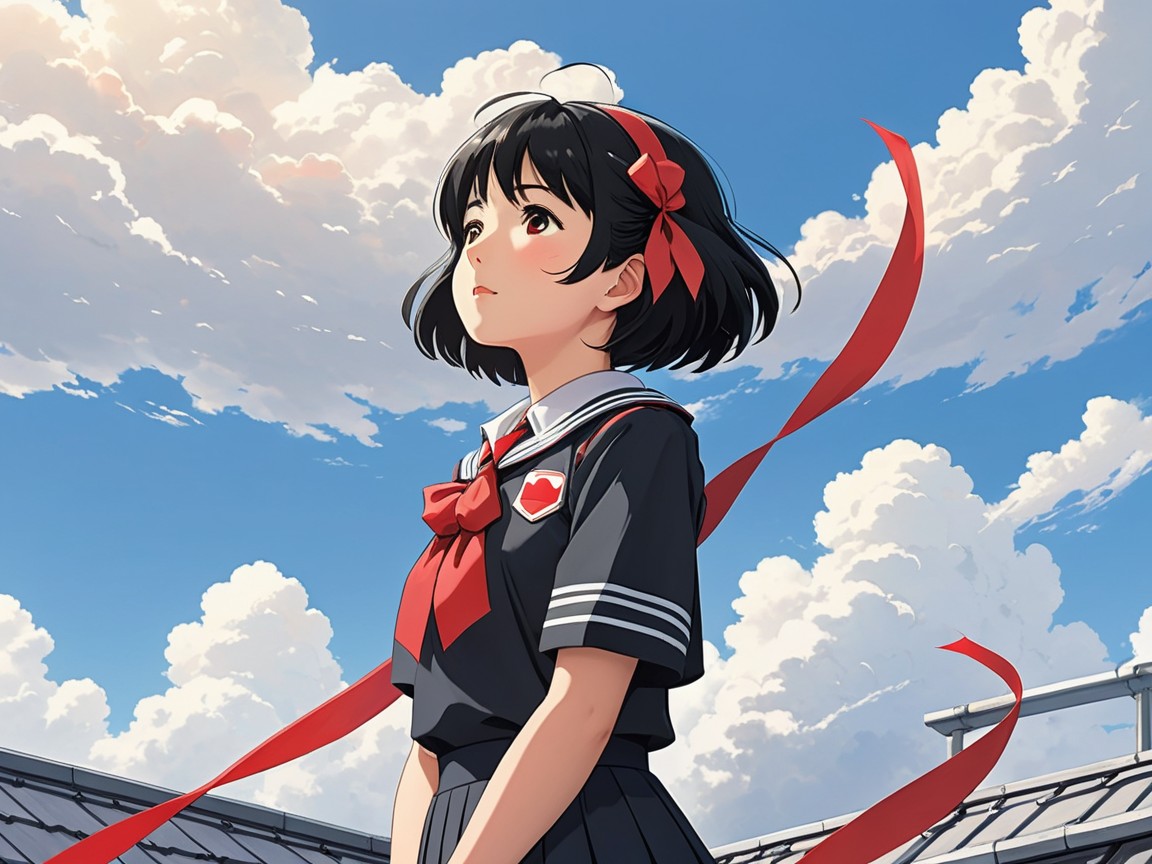 Deep Dream Generatorで作った、赤いリボンの黒髪の少女が長い赤い帯をなびかせて屋上で空を見上げるアニメ風の画像