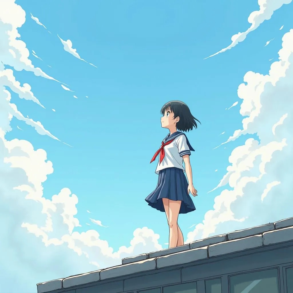 DiffusionArtで作った、青空の下で屋上の端に立つセーラー服の少女を遠くから描いたアニメ風の画像