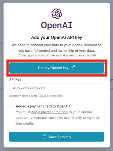 DocsBotの「Add your OpenAI API key」のパネルで、「Get my OpenAI key」のボタンを赤枠で囲んだ画面