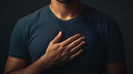 暗い背景の前に、首から下だけが写った濃い色のTシャツ姿の人物が片手を胸に当てている写真