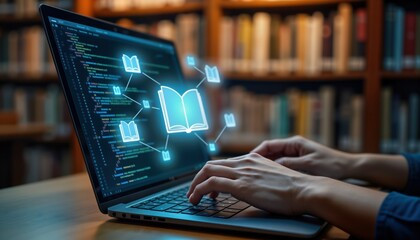 本棚の前でコードを表示したノートパソコンを打つ手の上に、開いた本のアイコンが青く光って浮かんだ写真