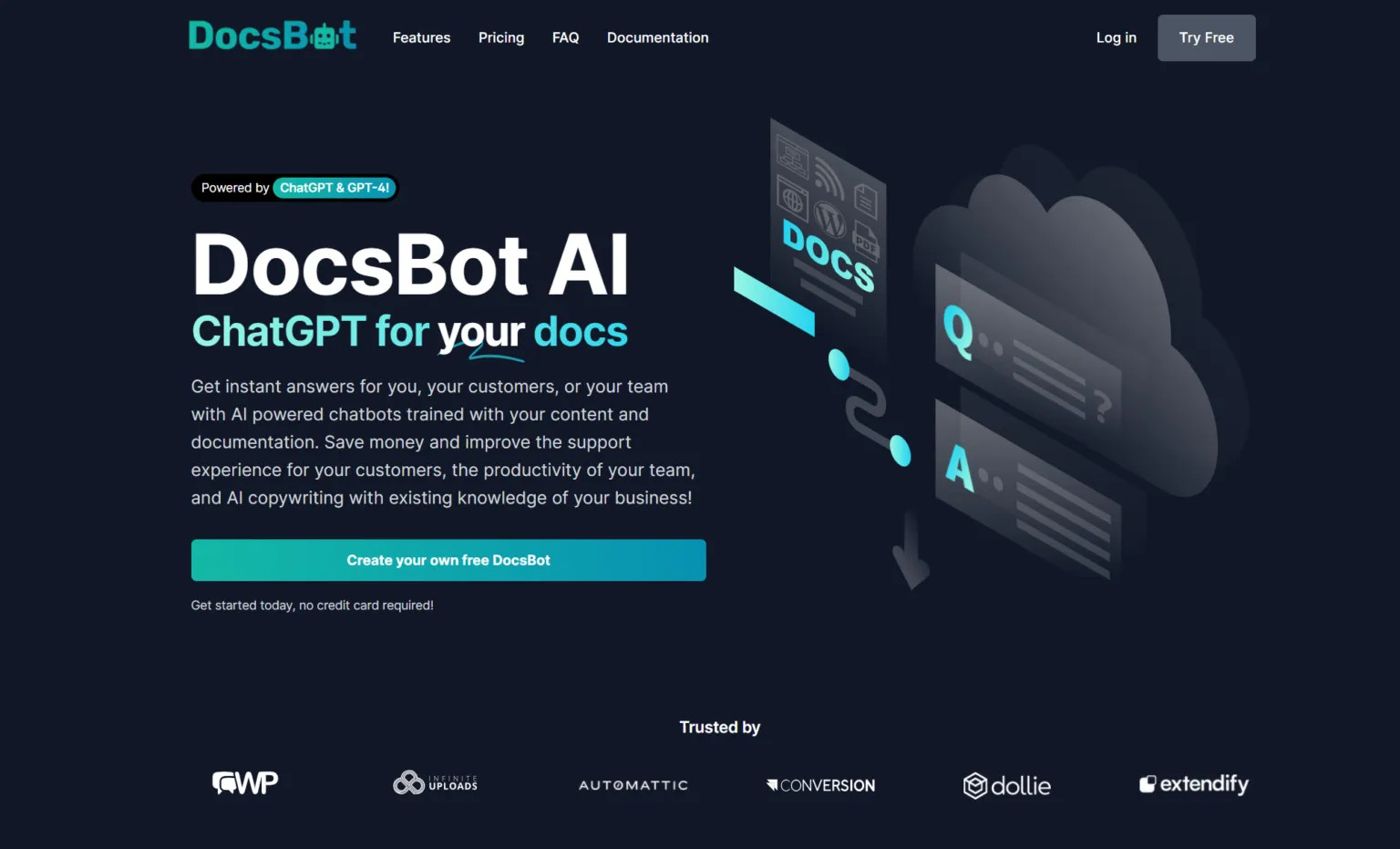 DocsBot公式サイトのトップページで、「ChatGPT for your docs」の見出しと右上の「Try Free」のボタンが出た画面