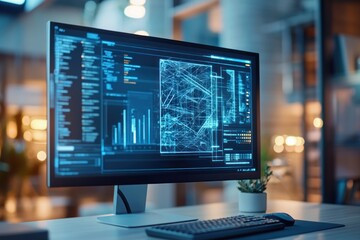 青い光のグラフや図面を表示したモニターが、キーボードと小さな観葉植物のある机に置かれた写真