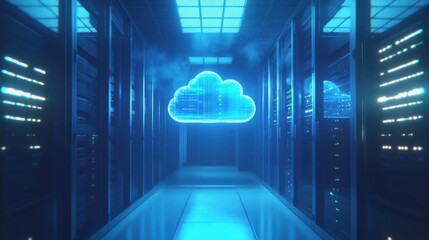 左右にサーバーラックが並ぶ青い光の通路の奥に、光るクラウドのマークが浮かんだイメージ画像