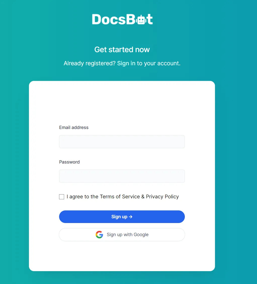 DocsBotのアカウント登録ページで、メールアドレスとパスワードの入力欄と「Sign up」「Sign up with Google」のボタンが並んだ画面