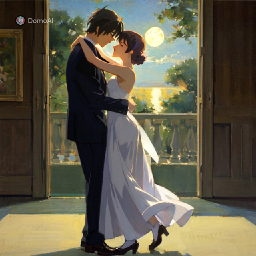 窓の前で抱き合って踊る男女を油絵のようなアニメ風で描いた、DomoAIで生成した正方形のイラスト