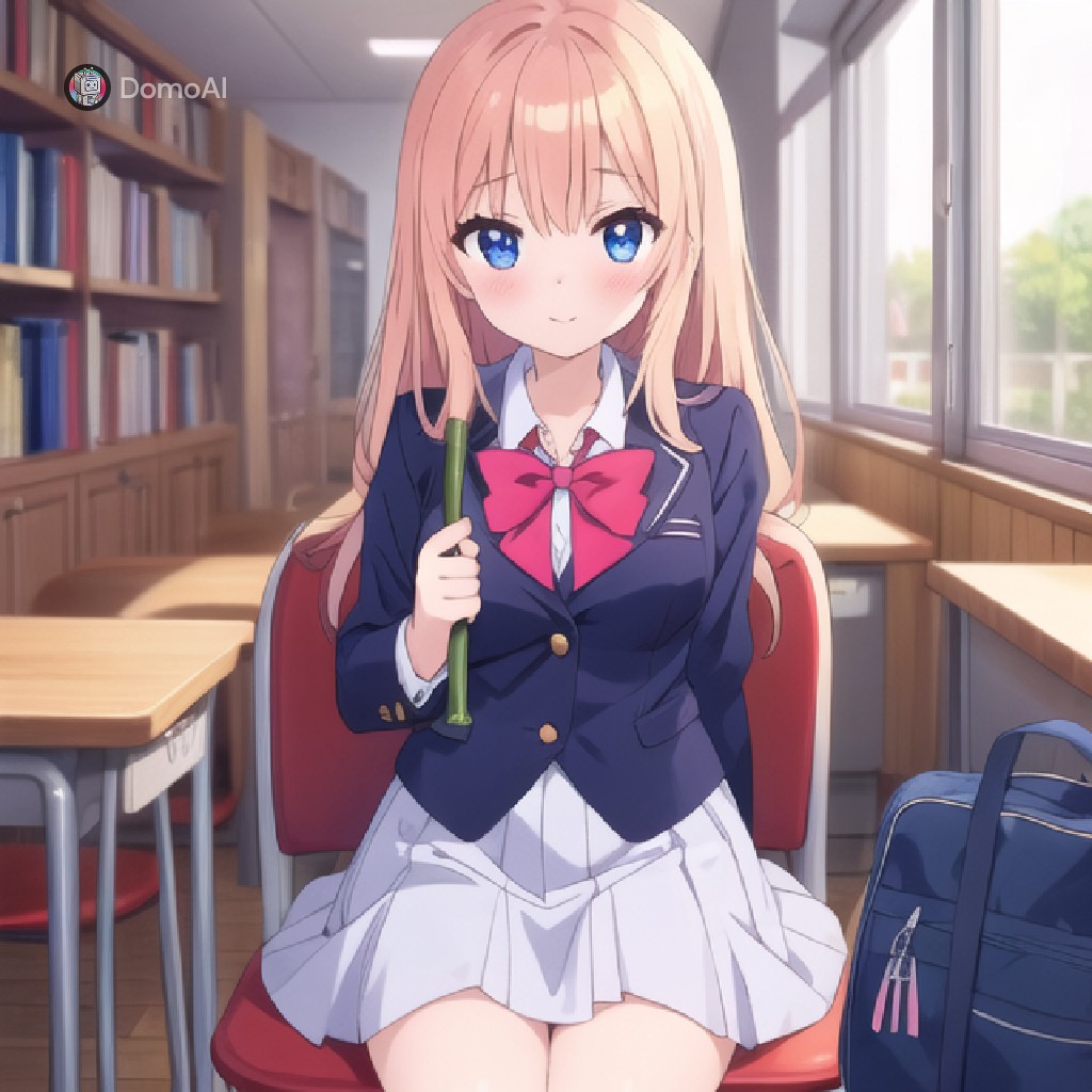 教室の椅子に座る、紺のブレザーと赤いリボンの制服を着たアニメ風の女の子をDomoAIで生成したイラスト