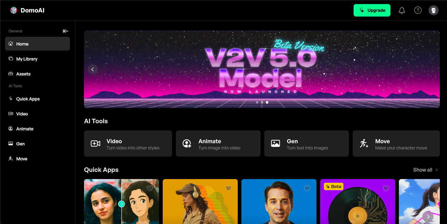 DomoAIのホーム画面で、V2V 5.0 Modelのバナーの下にできることを示すVideoとAnimateとGenとMoveのAIツールが並んだ画面