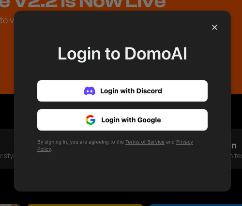 DomoAIのログイン画面で「Login with Discord」と「Login with Google」の2つのボタンが並んだ画面