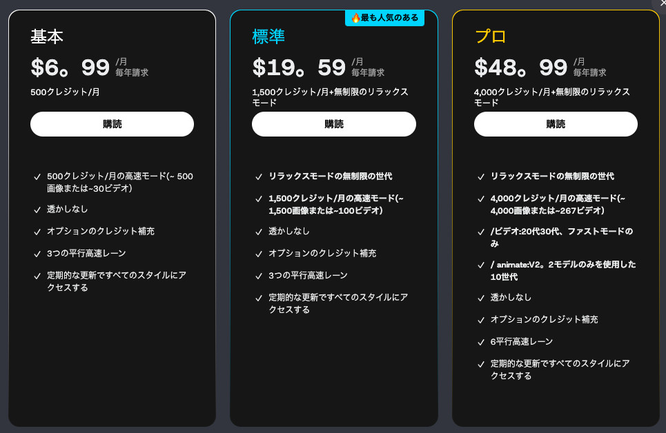 DomoAIの料金プランで基本と標準とプロの月額と購入ボタンが並び、標準とプロに無制限のリラックスモードの記載がある画面