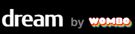 黒い背景に白い文字の「dream」と灰色の「by」とカラフルな「WOMBO」を並べたDream by WOMBOのロゴ