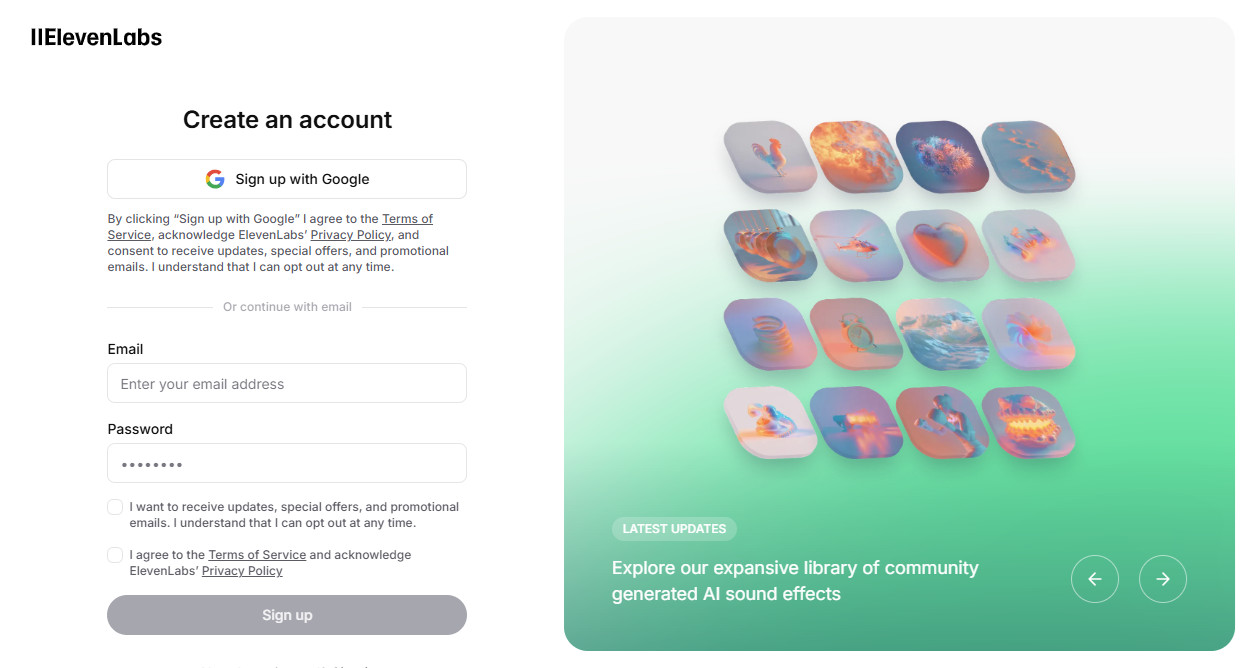 ElevenLabsの「Create an account」画面にメールアドレスとパスワードの入力欄と「Sign up」のボタンが並ぶ画面