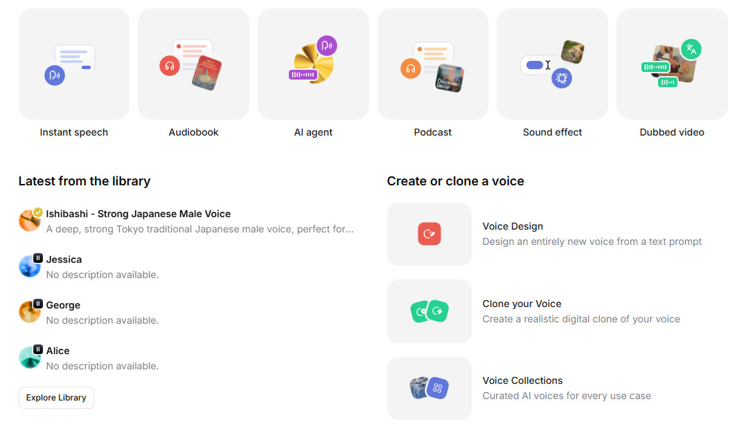 ElevenLabsのダッシュボードで「Instant speech」や「Sound effect」など6つの機能のカードと声のライブラリが並ぶ画面