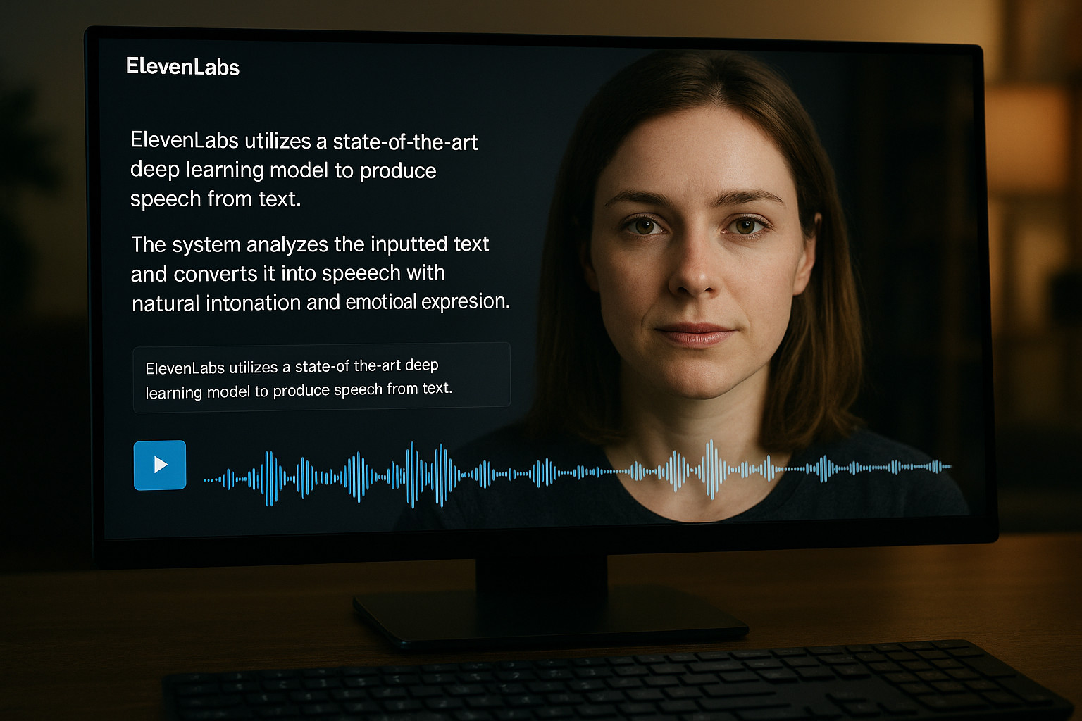 パソコンのモニターに女性の顔とElevenLabsの英語の説明文が映り、下に再生ボタンと音声の波形が並んだ画像