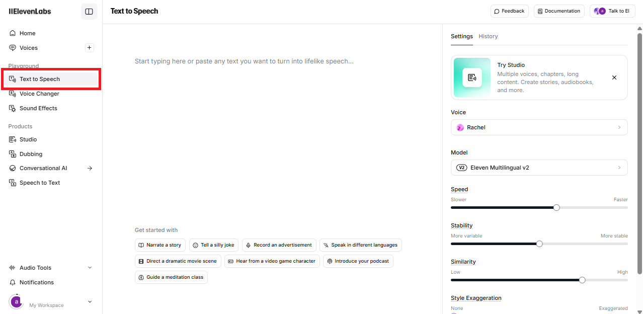ElevenLabsでテキストを音声にする「Text to Speech」を左のメニューで赤枠で囲み、右に設定パネルが見える画面