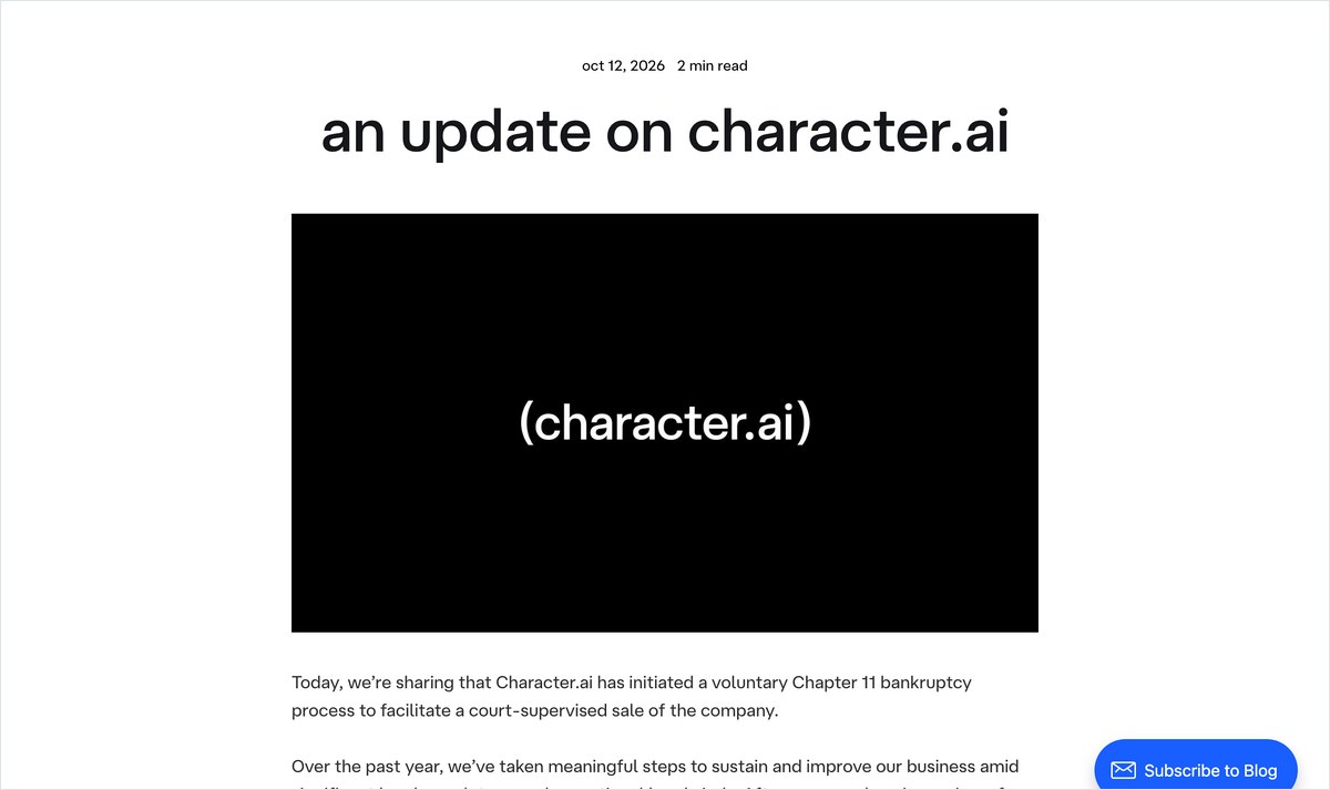 Character.AIの破産を伝える公式ブログ