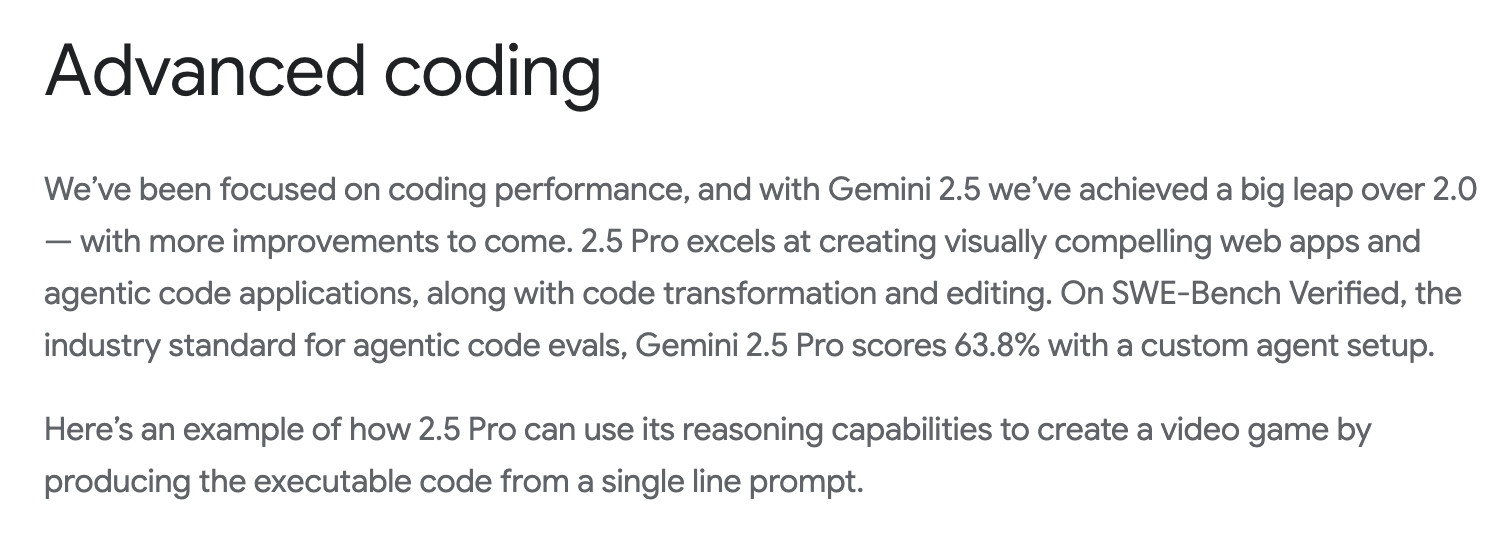 Gemini 2.5のコード生成の性能を英語で説明した、「Advanced coding」の見出しと本文が白い背景に並んだ画面