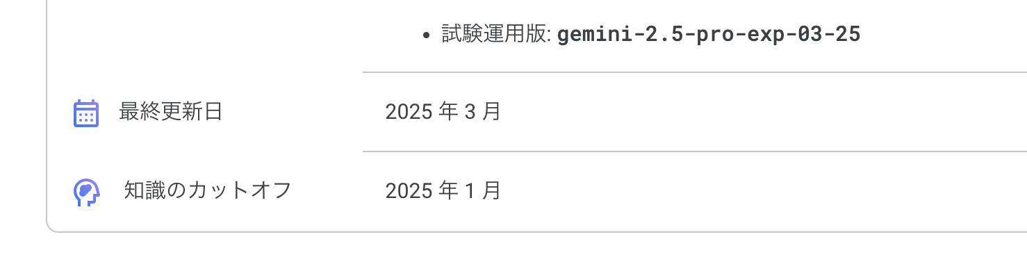 Gemini 2.5 Proのモデル情報の表で、最終更新日が2025年3月で知識のカットオフが2025年1月と載った画面