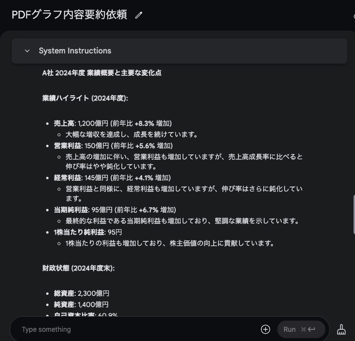 A社の2024年度の業績ハイライトと財政状態を箇条書きでまとめた、Google AI Studioの返答の画面