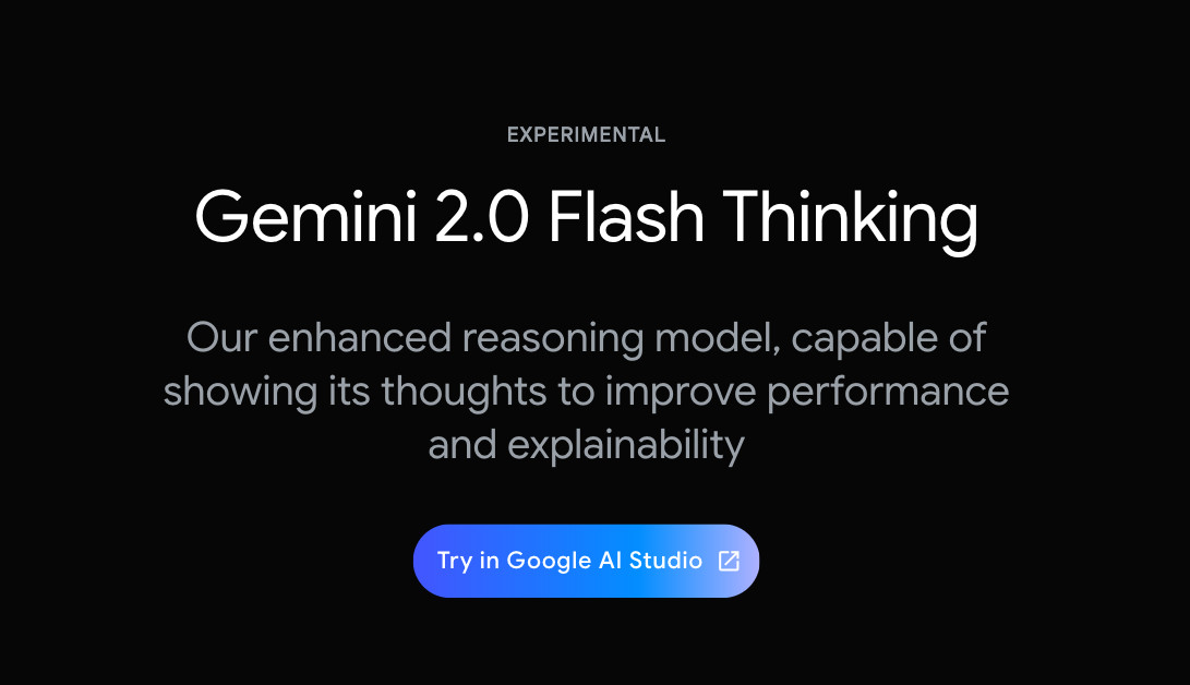 Gemini 2.0 Flash Thinkingの紹介ページで、モデル名の下に「Try in Google AI Studio」のボタンがある黒い画面