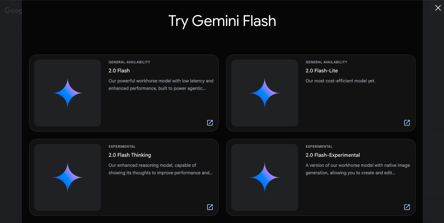 「Try Gemini Flash」の画面で2.0 Flash-Liteや2.0 Flash Thinkingなど4つのモデルのカードが並んだ画面
