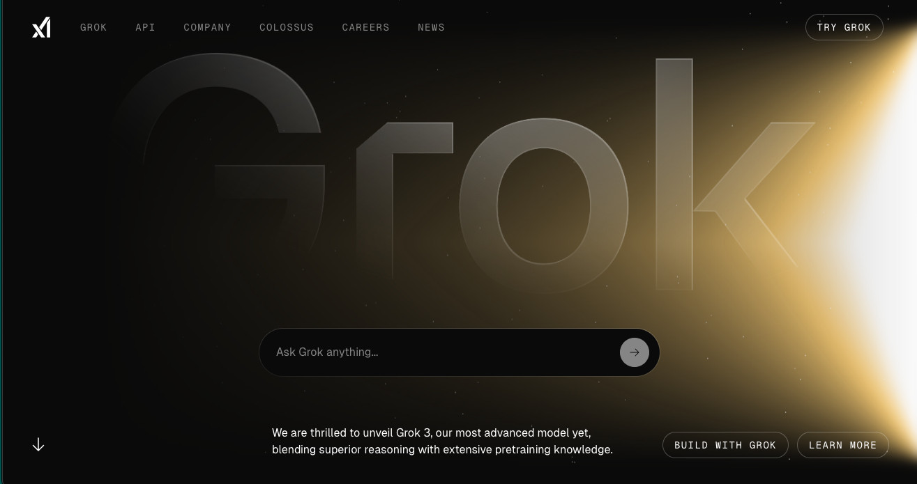xAIのサイトで大きな「Grok」の文字と入力欄が並び、下に「BUILD WITH GROK」のボタンがあるGrok 3の紹介画面