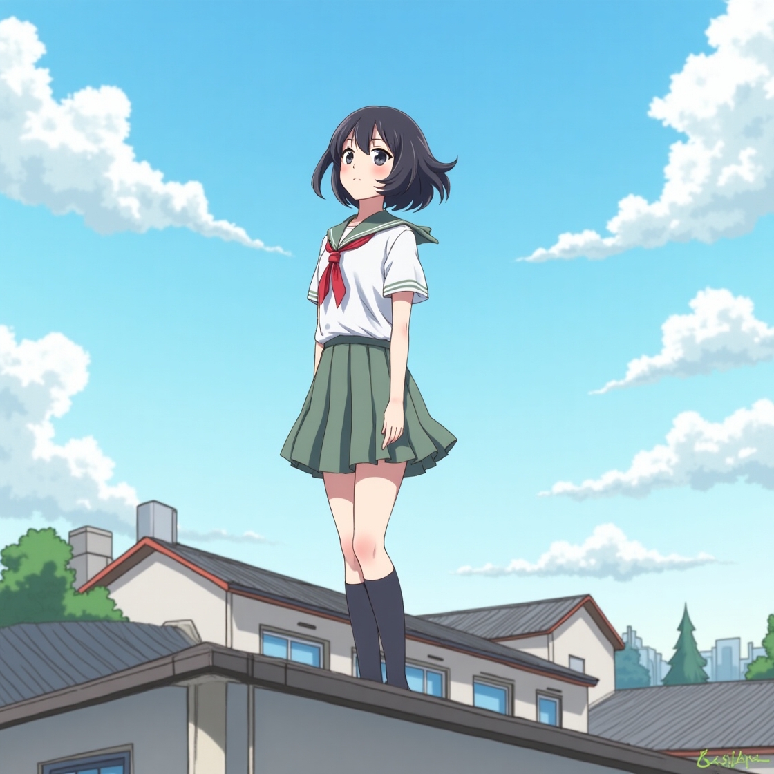Leonardo.aiで作った、緑のスカートのセーラー服の少女が青空の下で住宅の屋根に立つアニメ風の画像