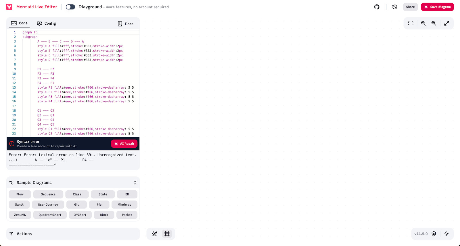 Mermaid Live Editorにコードを貼ると、コード欄の下に赤い構文エラーの「Lexical error on line 59」が出た画面