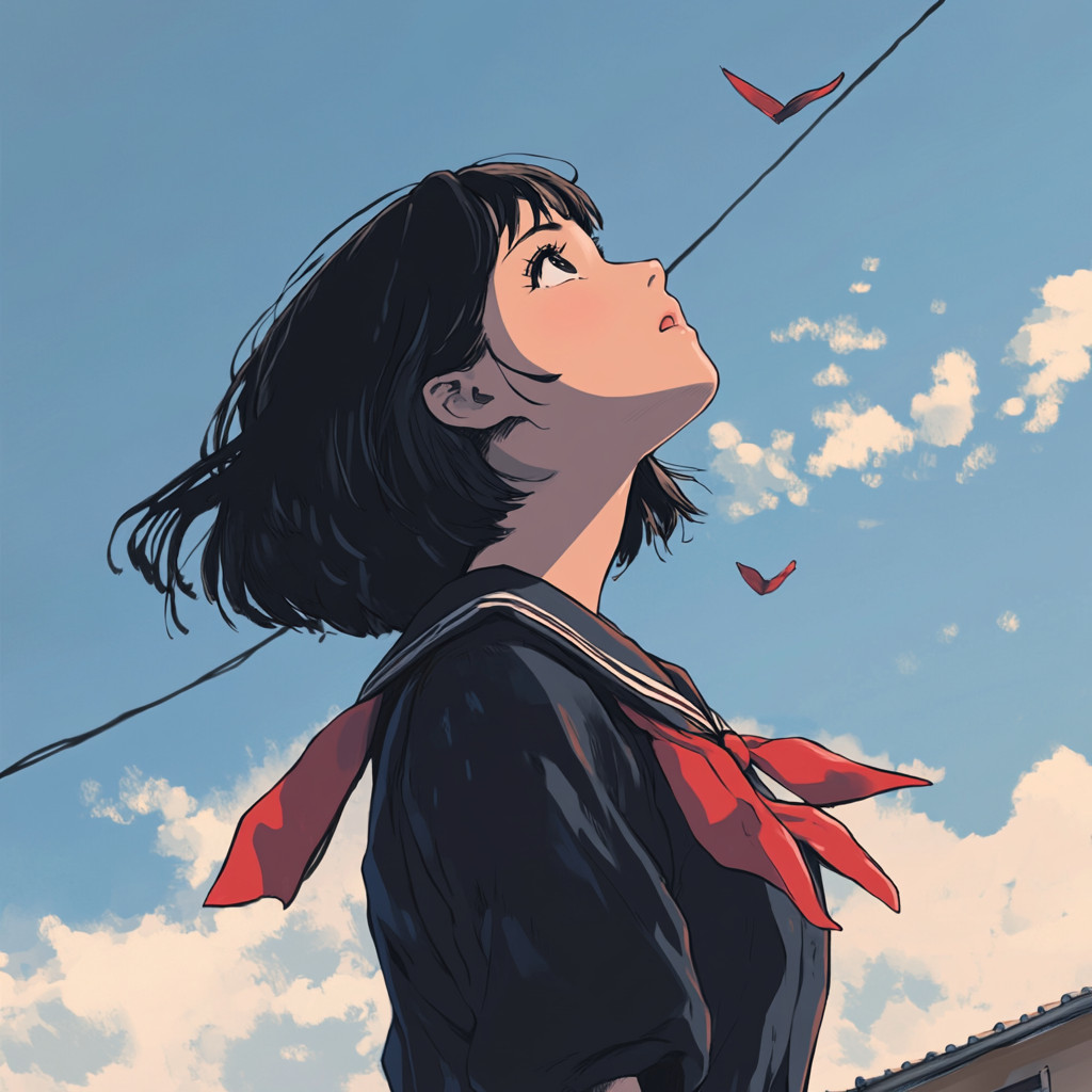 Midjourneyの作例で、黒髪とスカーフが風になびく少女が紺のセーラー服で空を見上げるアニメ風の画像