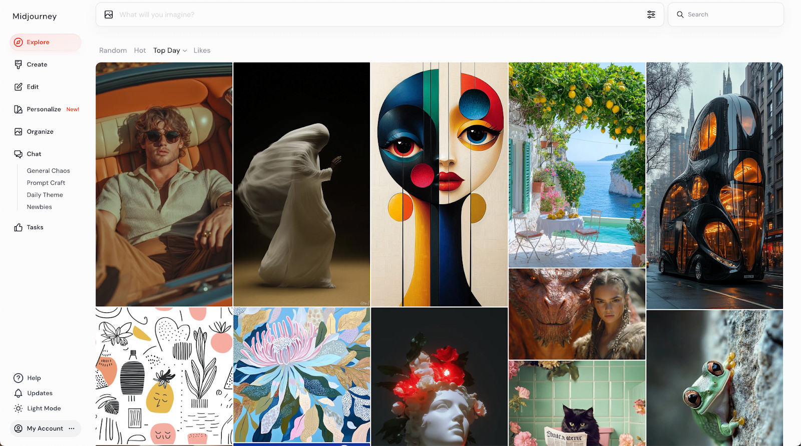 Midjourneyの公式サイトのExploreの画面で、人物や風景やイラストなどの作例の画像がタイル状に並んだ画面