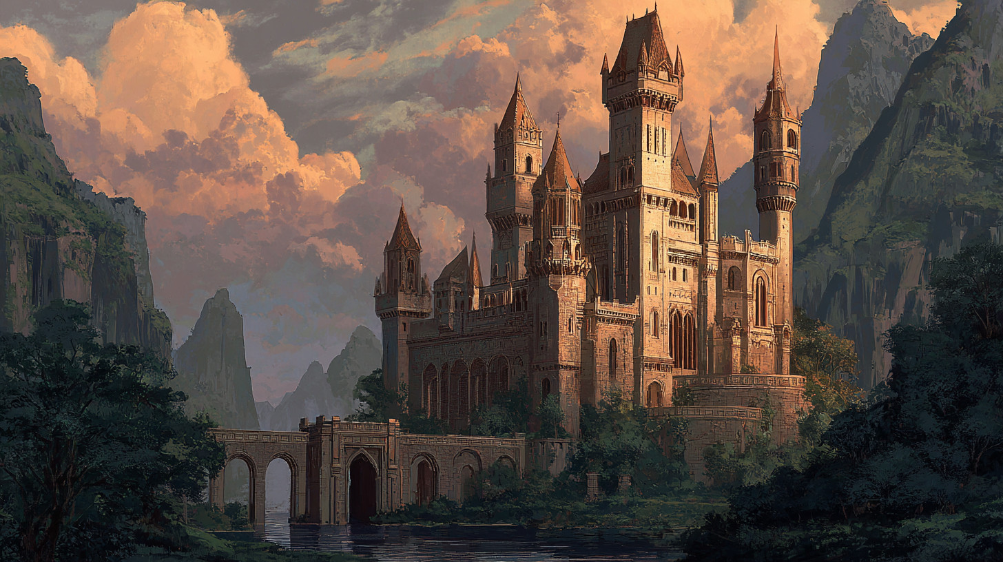 Midjourneyで「fantasy castle」と指定して作った、夕焼けの雲と切り立った岩山を背景にした石造りの城の画像