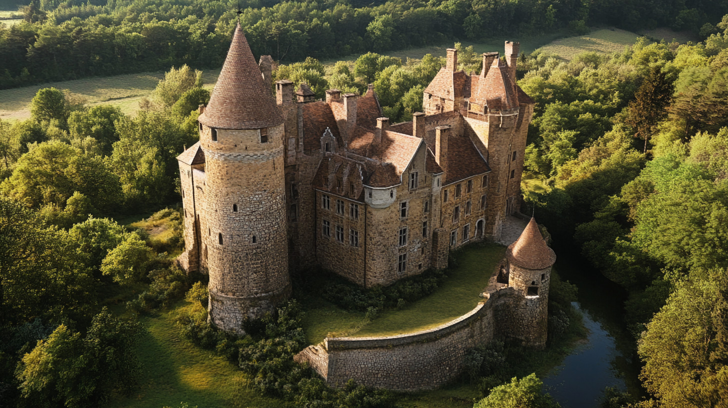 Midjourneyの「fantasy castle --no people, clouds, text」で作った、森に囲まれた石造りの城を上空から見た画像