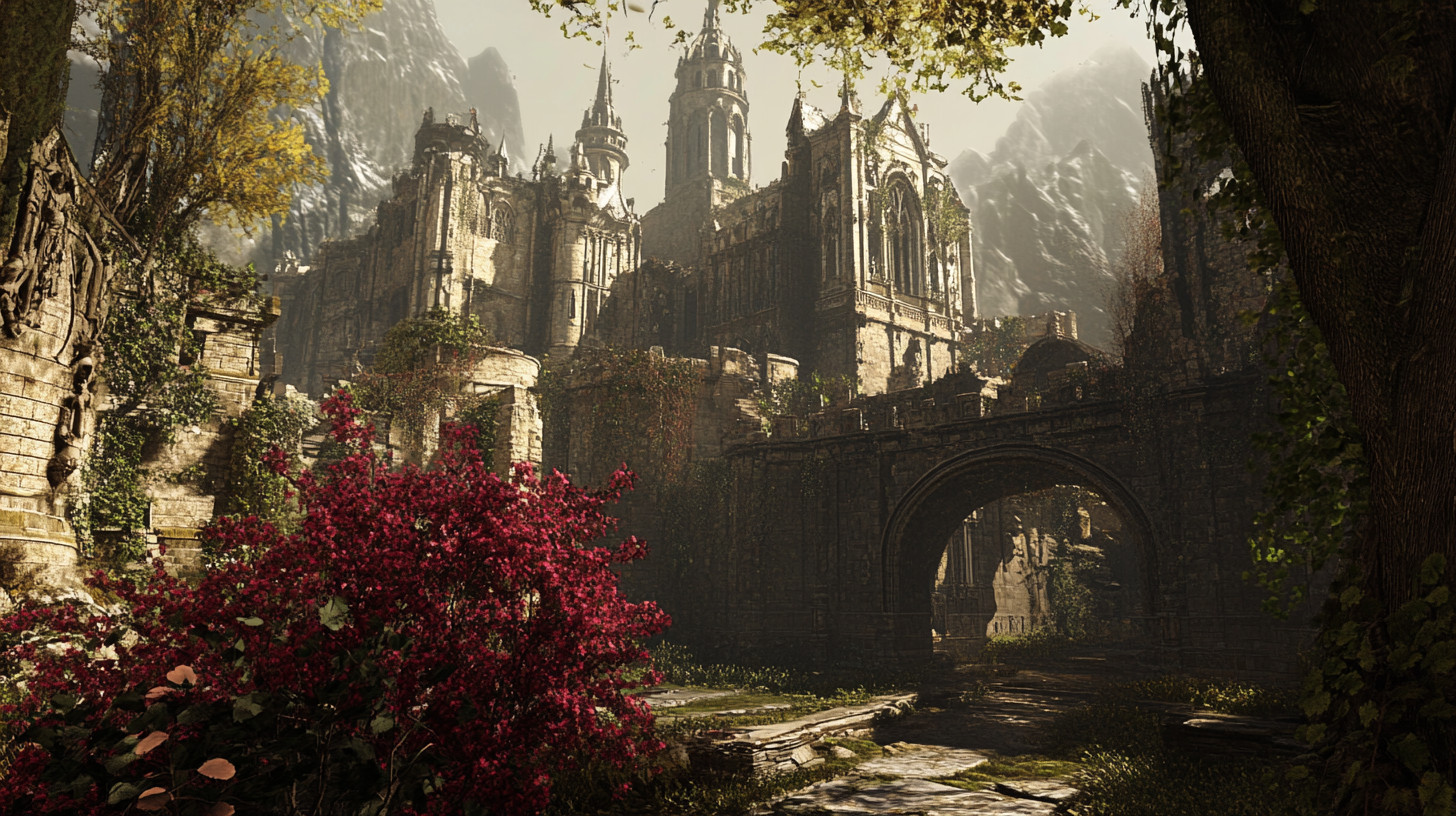 Midjourneyの「fantasy castle --no people --no clouds --no text」で作った、赤い花と古い城が見える画像
