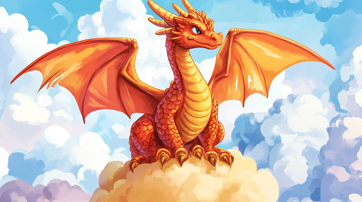Midjourneyで「fantasy dragon illustration」と指定して作った、雲の上で翼を広げる角のあるオレンジ色のドラゴンのイラスト