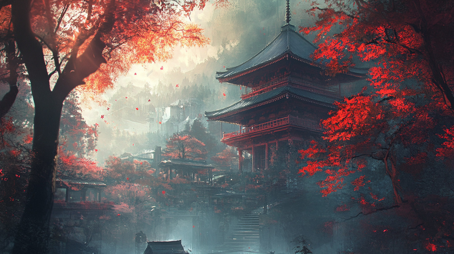 Midjourneyで作った、赤い紅葉の木々と霧の中に建つ三重の塔や石段が描かれた和風の風景の画像