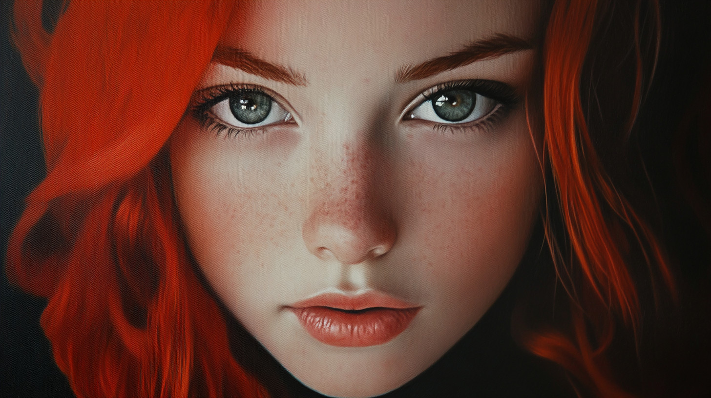 Midjourneyで「red hair:-0.3」と「--no glasses」を付けて作った、そばかすのある赤い髪の女性を正面から写した画像