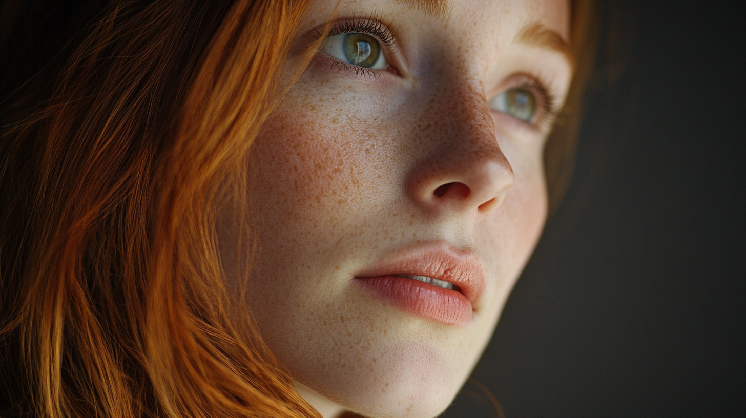 Midjourneyで「red hair:-0.8」と「--no glasses」を付けて作った、オレンジ色の髪とそばかすの女性の顔を大きく写した画像
