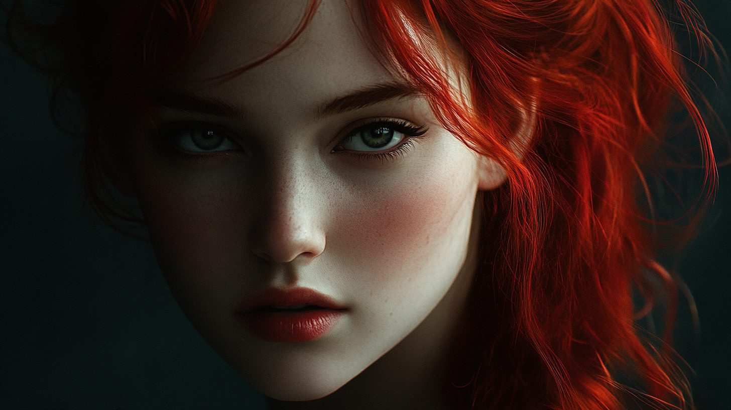 Midjourneyで「red hair:-0.3」と「--no glasses」を付けて作った、赤い髪の女性の顔のアップの画像
