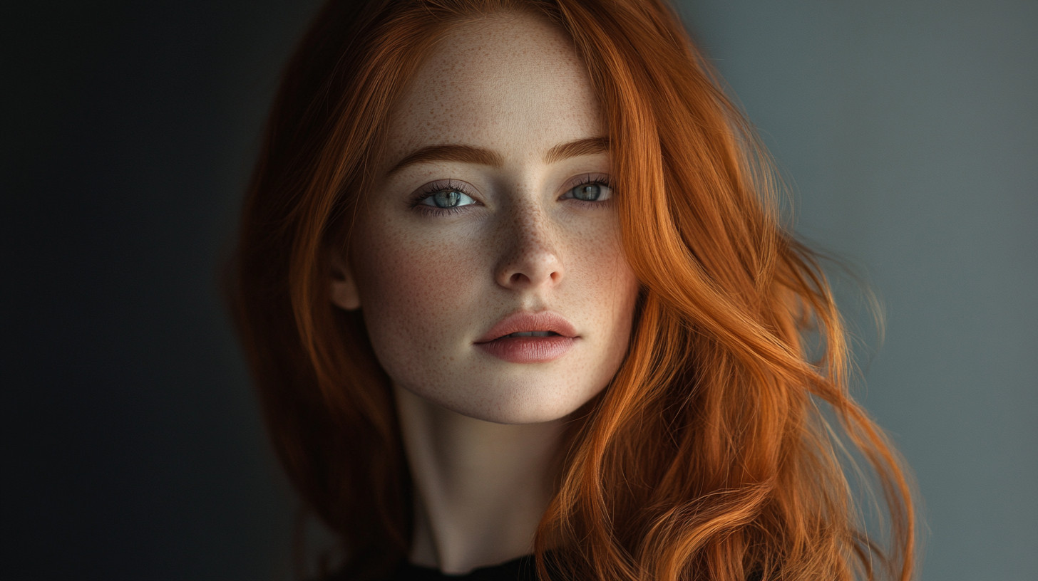 Midjourneyで「red hair:-0.8」と「--no glasses」を付けて作った、赤みが薄いオレンジ色の髪の女性の画像