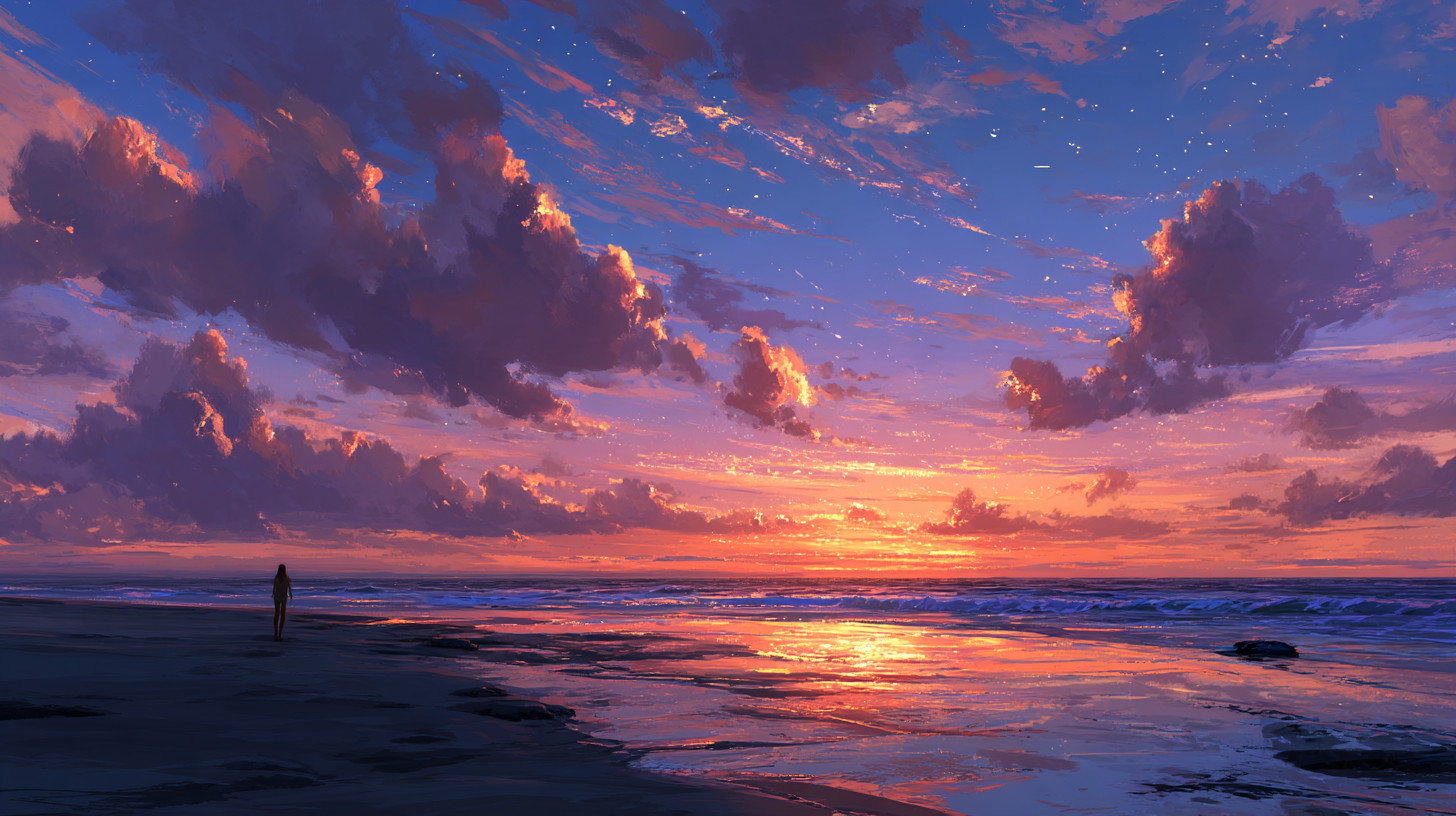 Midjourneyで「beautiful beach sunset」と指定して作った、左奥に人影が立つ紫の雲とオレンジ色の夕焼けの浜辺の画像