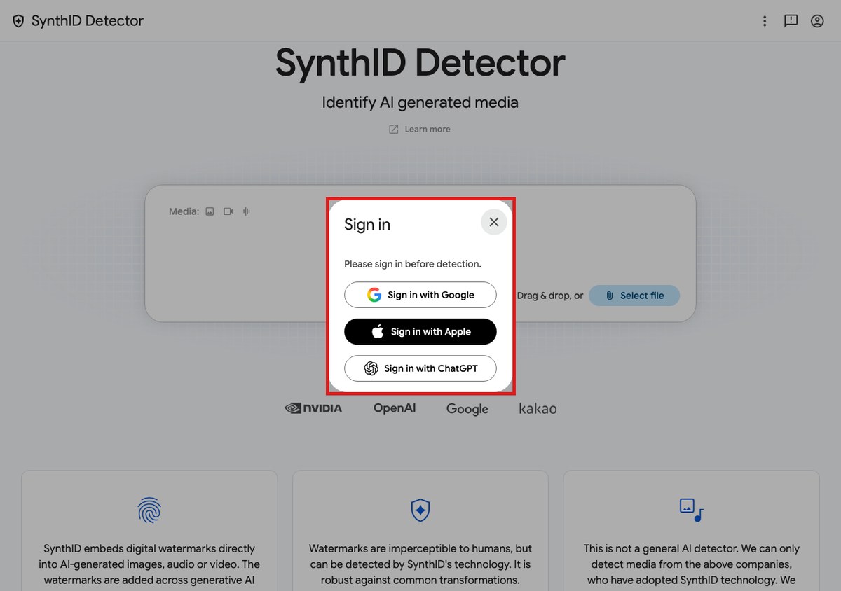 SynthID Detectorでファイルを選ぶボタンを押した画面。判定の前にGoogle・Apple・ChatGPTのどれかでログインするよう求める枠が出ている