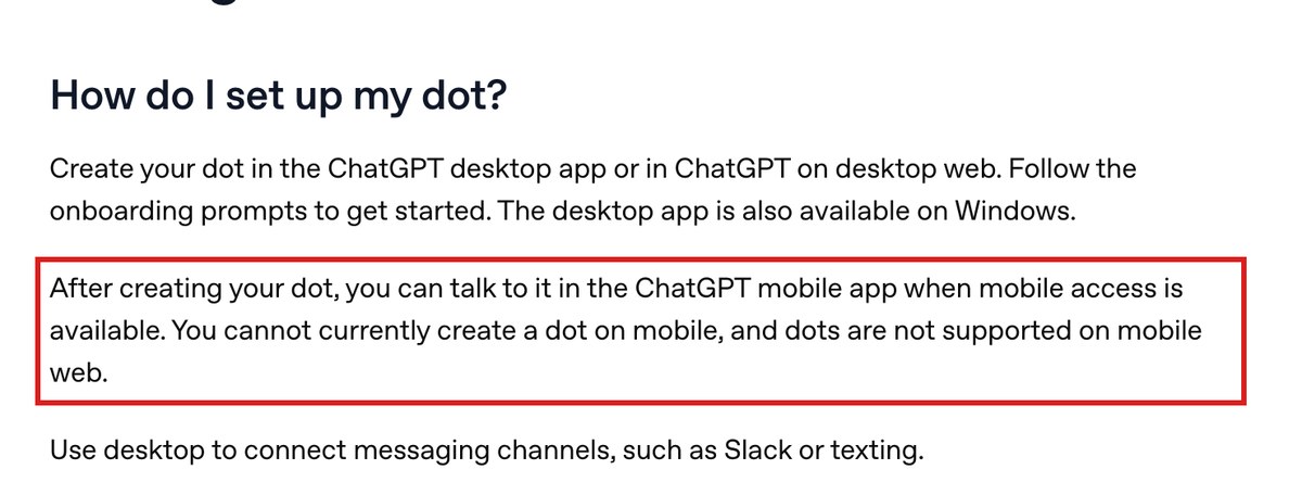 ChatGPT dotsの使い方を説明したOpenAIのヘルプの画面。How do I set up my dot? の項目で、モバイルではdotを作れずモバイルのWebにも対応しないと書いた段落を赤枠で囲んだ