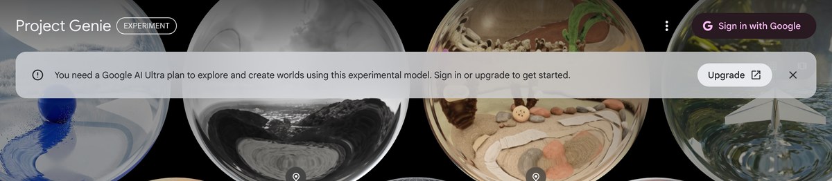 Project Genieの画面。Google AI Ultraのプランが必要という英語の帯が上に出ている