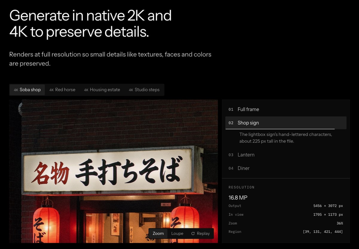 FLUX 3 Imageの公式ページの画面。4Kの作例Soba shopで、そば屋の看板に名物 手打ちそばの文字と赤い提灯が写り、出力5456×3072ピクセルと表示されている