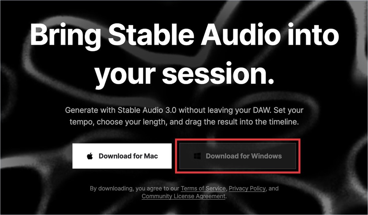 Stable Audioのプラグインの公式ページの画面。Download for Macのボタンは白く、Download for Windowsのボタンは灰色で押すとComing soonと出る。Windowsのボタンを赤枠で囲んだ