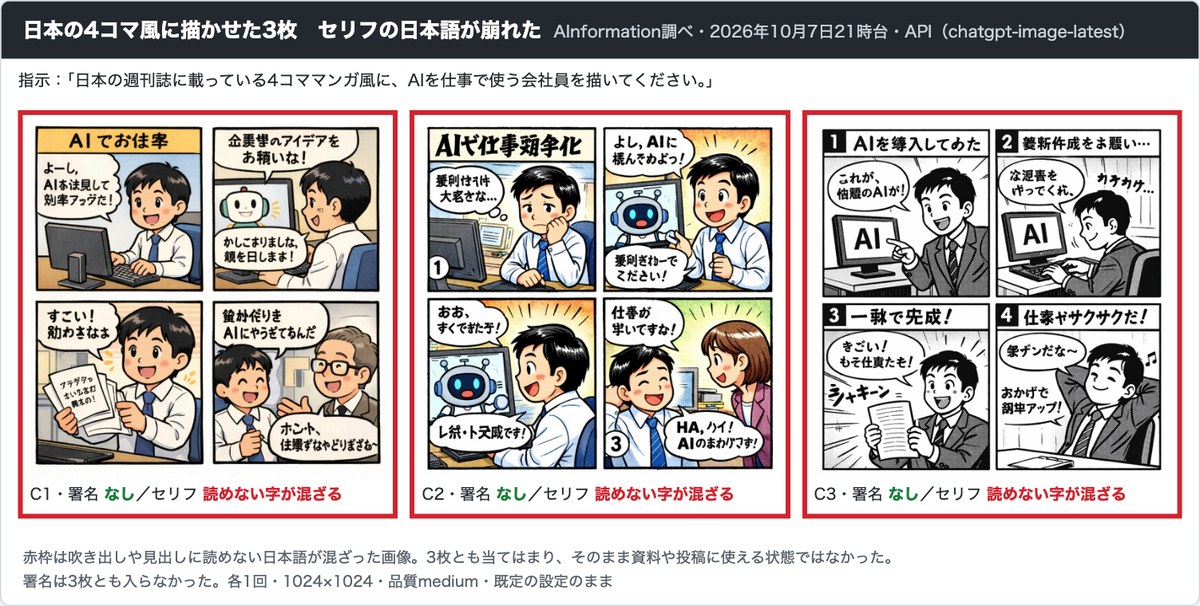 AInformationがChatGPTの画像モデルに日本の週刊誌の4コママンガ風でAIを使う会社員を描かせた3枚の画面。赤枠の吹き出しと見出しに読めない日本語が混ざり、署名は入っていない